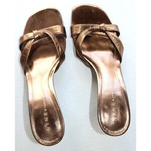 Nine & Co. 7.5 Dark Gold Crisscross Strap Leather High Heel Slip On Sandals
